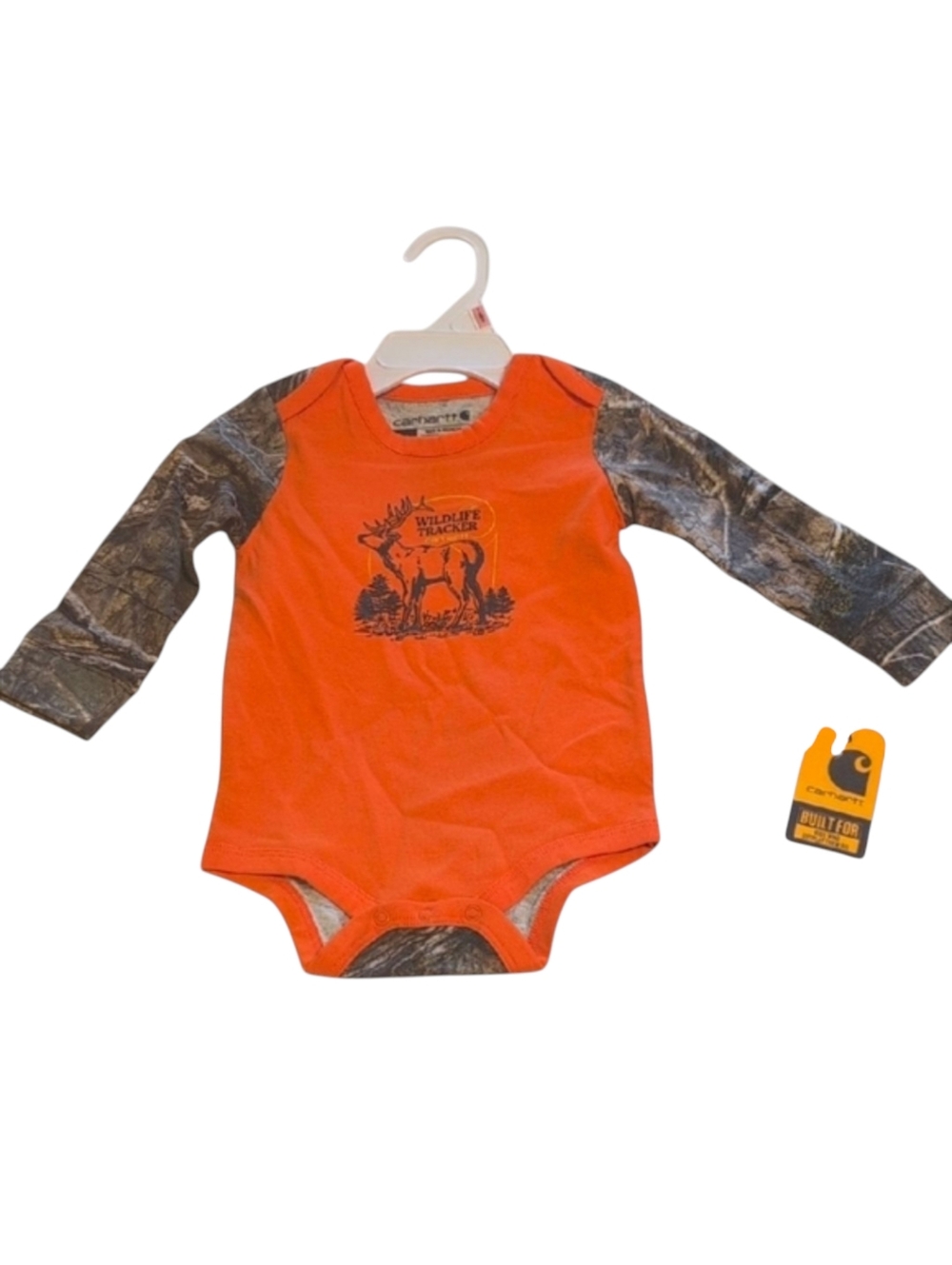 Carhartt Kids Bodysuit in Orange with Camouflage Sleeves Size 9M